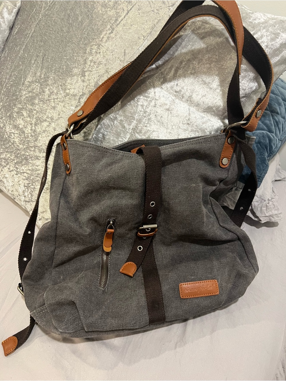 Shangri-La Canvas Shoulder Bag with Leather Like Trim - Gray